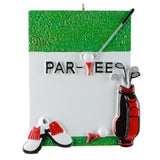 Golf-themed ornament with 'PAR-YEE' text, golf club, golf bag, and shoes on a green and white background.