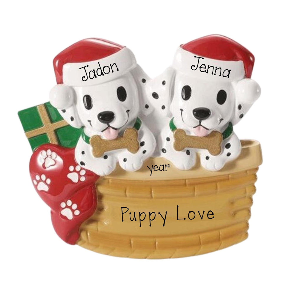 Two Dalmatians in a basket Personalized Christmas Ornament ~ Dalmatian Couple in a Wicker Basket