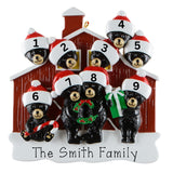 Family of 9 Black Bear with Red barn Personalized Christmas Ornament, 9 Grandkids Keepsake