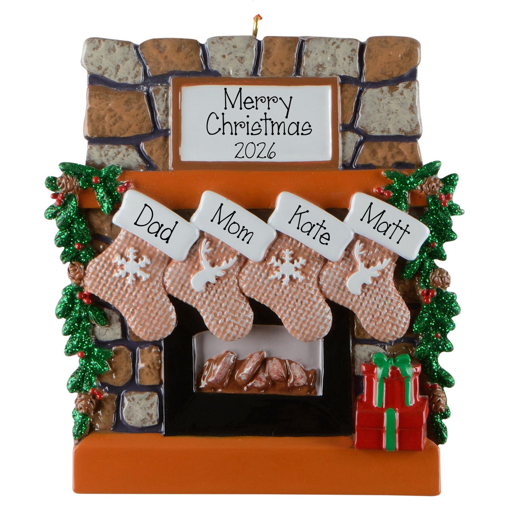 Personalized Family Ornament, Family of 4 Lodge With Fireplace Christmas Keepsake