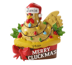 Merry Cluckmas Personalized Chicken Christmas Ornament ~ Roosting Hen ~ Mama Hen Ornament ~ Roosting Chicken with Lights and Santa Hat