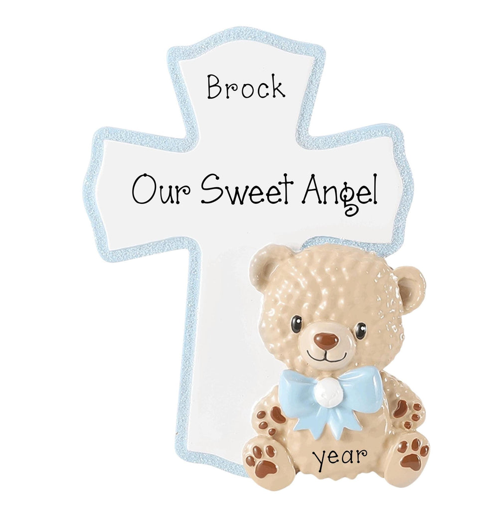 Personalized Child Bear with Blue Cross Ornament ~ Baby Boy Memorial Ornament ~ Christening Ornament for a Boy ~ Child memorial Ornament