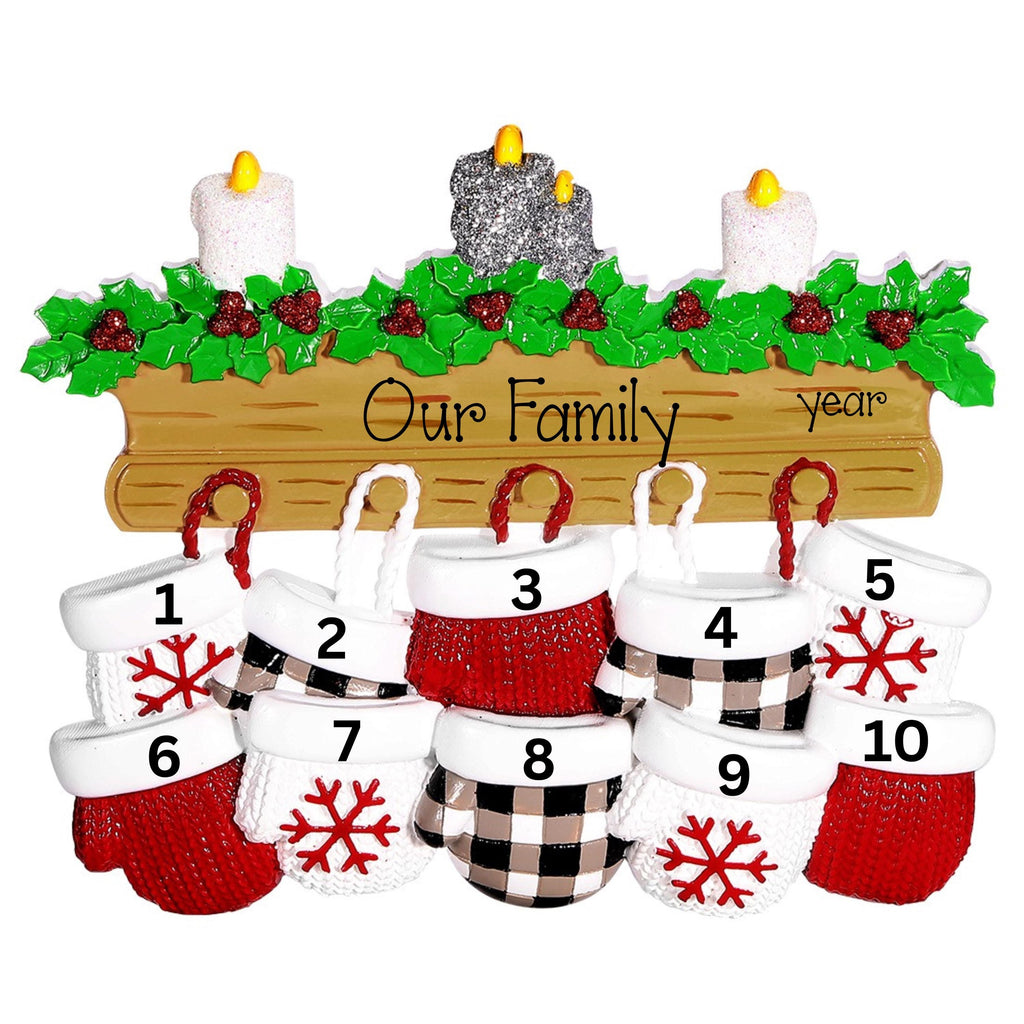 Personalized Family of 10 Mitten Christmas Ornament ~ 10 Mittens Hanging from a Mantle ~  Family of 10 ~ Ten Christmas Mittens With Names
