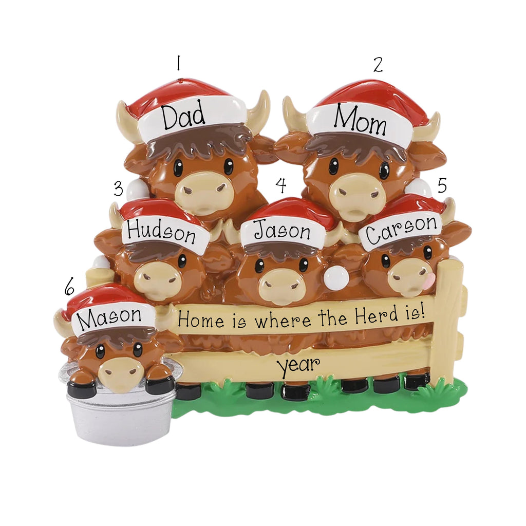 Family of 6 Highland Cow Personalized Christmas Ornament, Personalized Christmas Family of 6 Gift