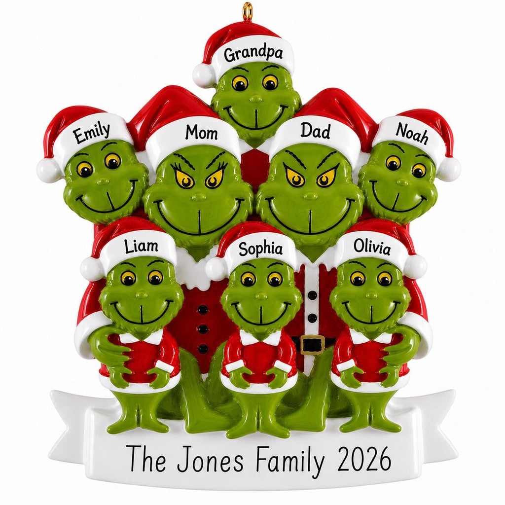 Personalized Green Monster Family of 8 Christmas Ornament