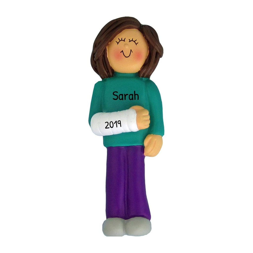Broken Arm Personalized Christmas Ornament ~ Brunette Female Broken Arm Personalized Ornament ~ Arm Cast Ornament ~ Get Well Gifts