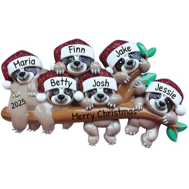 Personalized SLOTH Family of 6 Ornament ~ 6 Grandkids Christmas Ornament