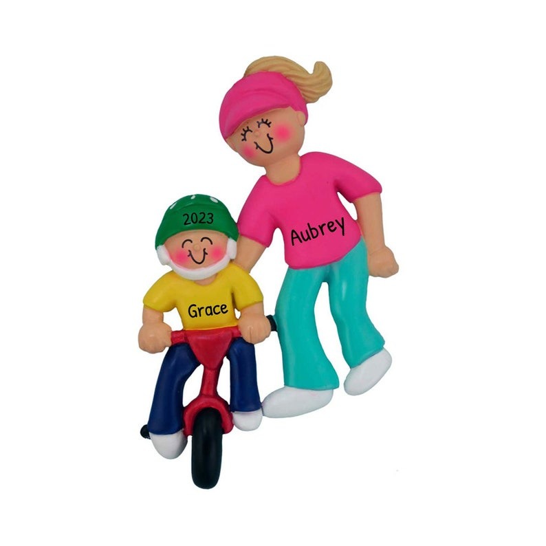 Learning to Ride a Bike Personalized Christmas Ornament ~ Single Mom Blonde ~ First Bicycle Ornament ~ Mother and Child ~Big Sister Ornament