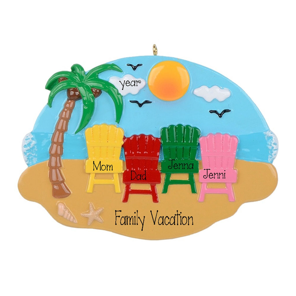 Personalized Family of 4 Beach  Ornament~Christmas Ornaments~Hand Personalized~4 friends beach vacation~Family Vacation Ornament~Beach