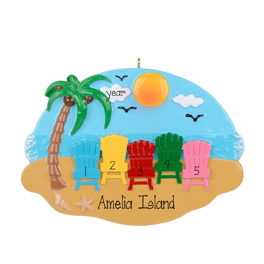 Personalized Family of 5 Beach  Ornament~Christmas Ornaments~Hand Personalized~Family of 5 Vacation Ornament~Beach Ornament~5 Beach Chairs