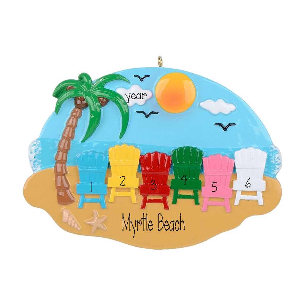 Personalized Family of 6 Beach  Ornament~Christmas Ornaments~Hand Personalized~Family of 6 Vacation Ornament~Beach Ornament~6 Beach Chairs
