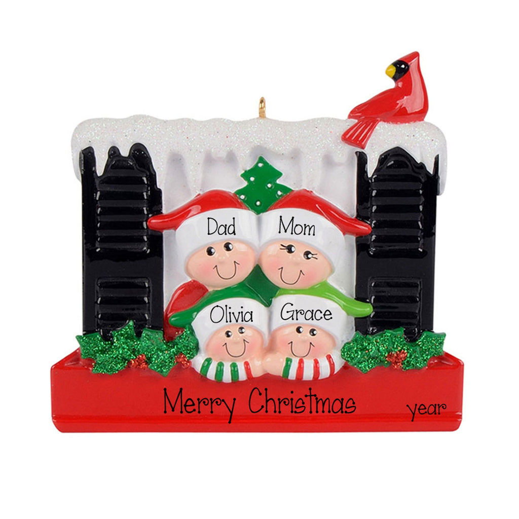 Family of 4 Looking out Window Personalized Ornament ~ Family of 4 in Window ~ Winter Window with Snow and Red Cardinal