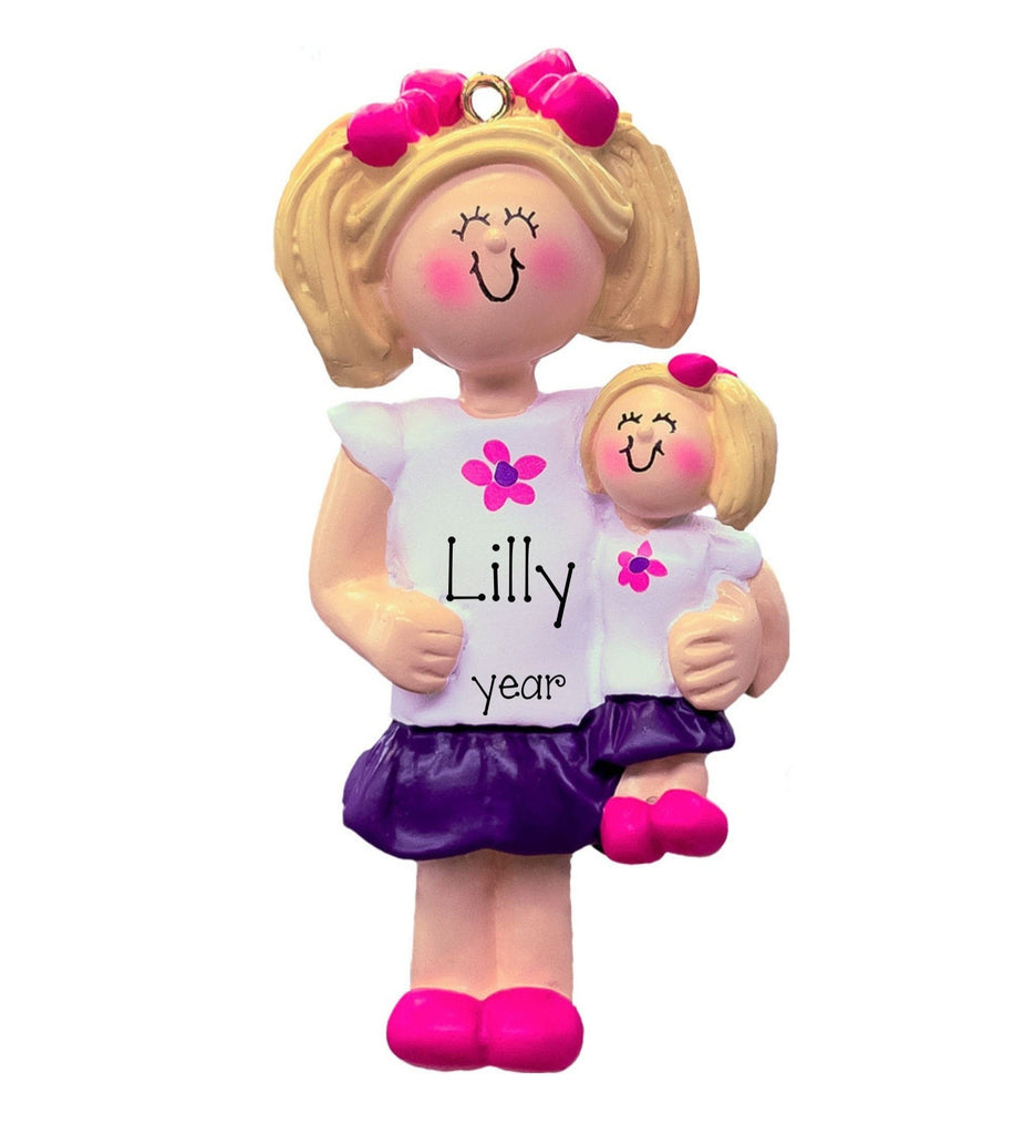 Little Girl Blonde Holding her Baby Doll Personalized Christmas Ornament ~ American Girl Doll Ornament