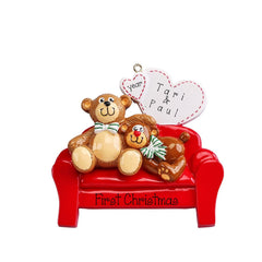 Bear Couple Personalized Christmas Ornaments For Couples ~ Bear Couple Ornament Bears Cuddle on red couch Ornament ~ Free Customization