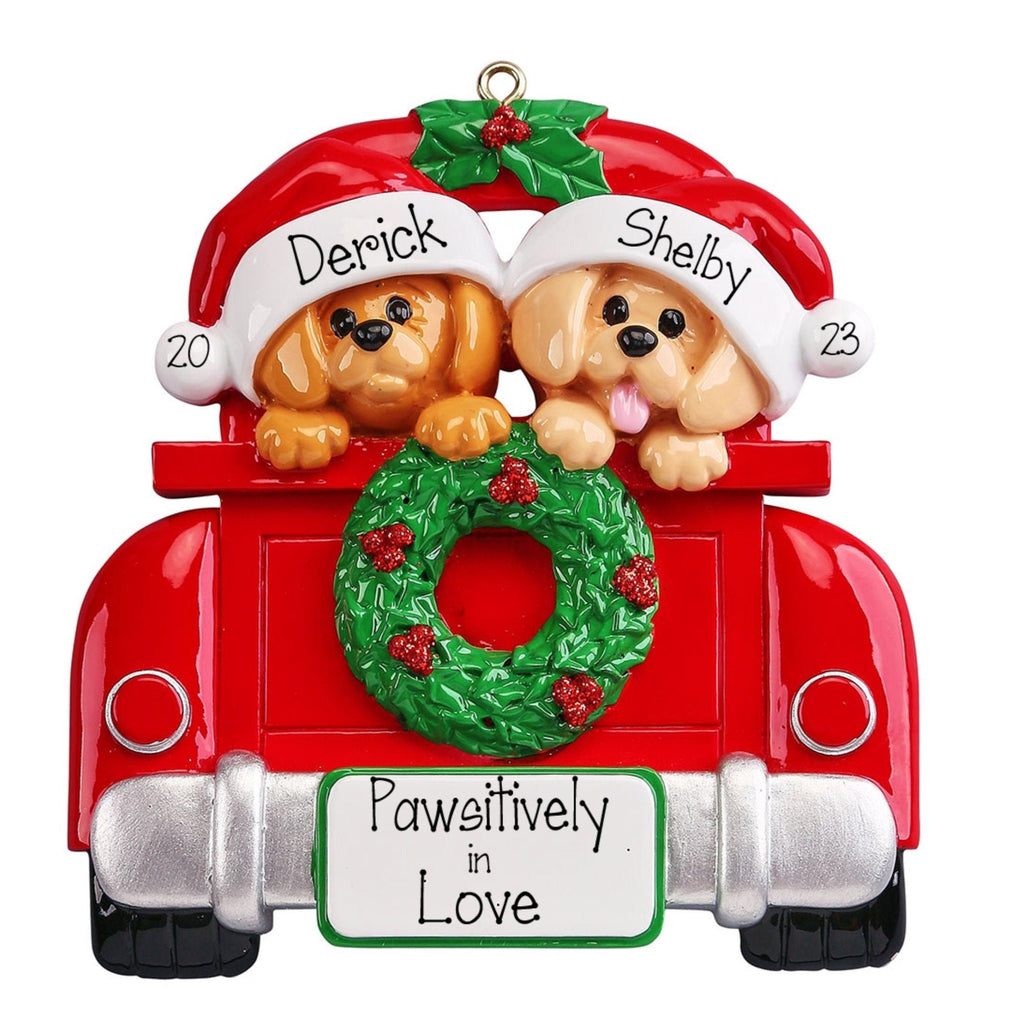 Doggy Couple Ornaments Dogs in Red Car Christmas Ornaments ~ Personalized Christmas Ornaments For Couples ~ Best Friends Ornament