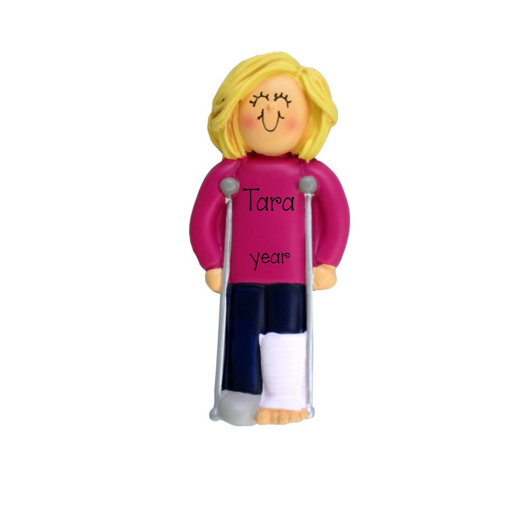 Broken Leg Ornament~Blonde Female on Crutches Ornament~Cast Ornament~Injury Ornament~Limb Ornament~Medical Ornament~Leg Amputation