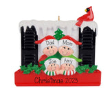 Family of 4 Looking out Window Personalized Ornament ~ Family of 4 in Window ~ Winter Window with Snow and Red Cardinal
