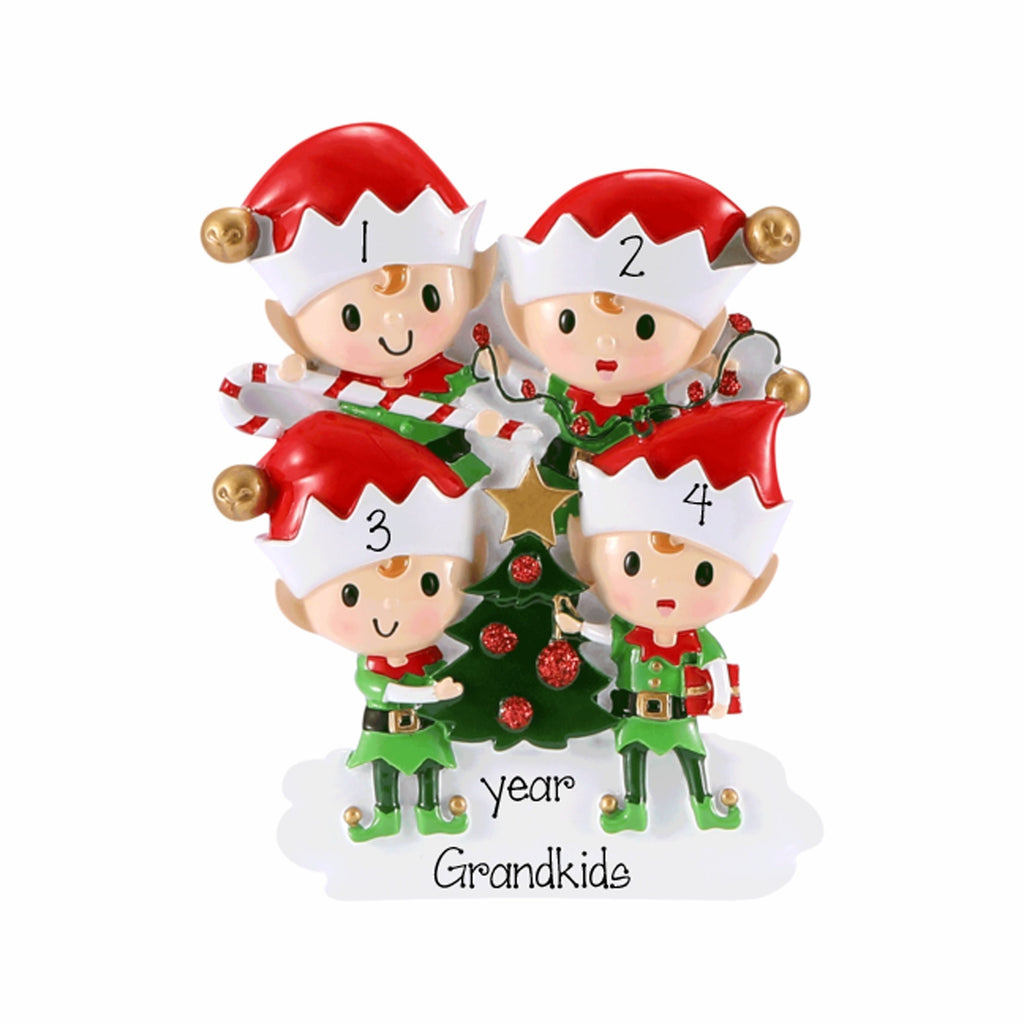 4 Grandkids Elves Christmas Gift ~ Personalized Christmas Family Ornament ~ Elf Family of 4 Ornament ~ 4 Grandkids Christmas Ornament