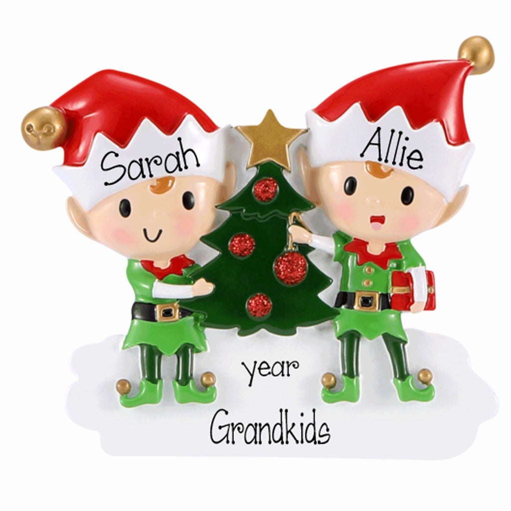 Elf grandkids Ornament ~ 2 Elves Customized Christmas Ornament ~ Customized Christmas Gift For Two Grandkids ~ Elf Ornament