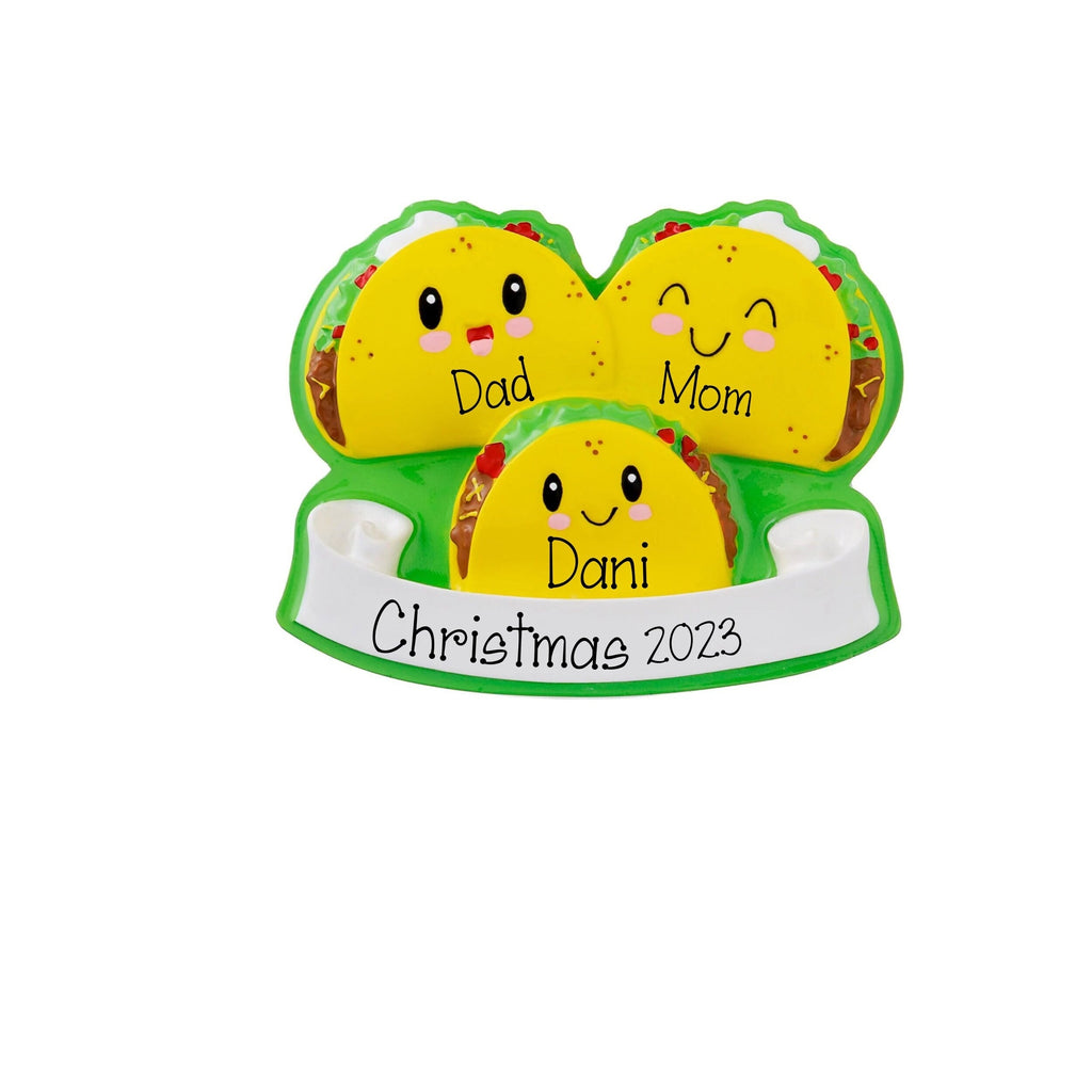 Personalized Taco Family of 3 Christmas Ornament ~ Taco Tuesday ~  Cute Family of 3 Gift ~ Single Parent Family of 3 Ornament