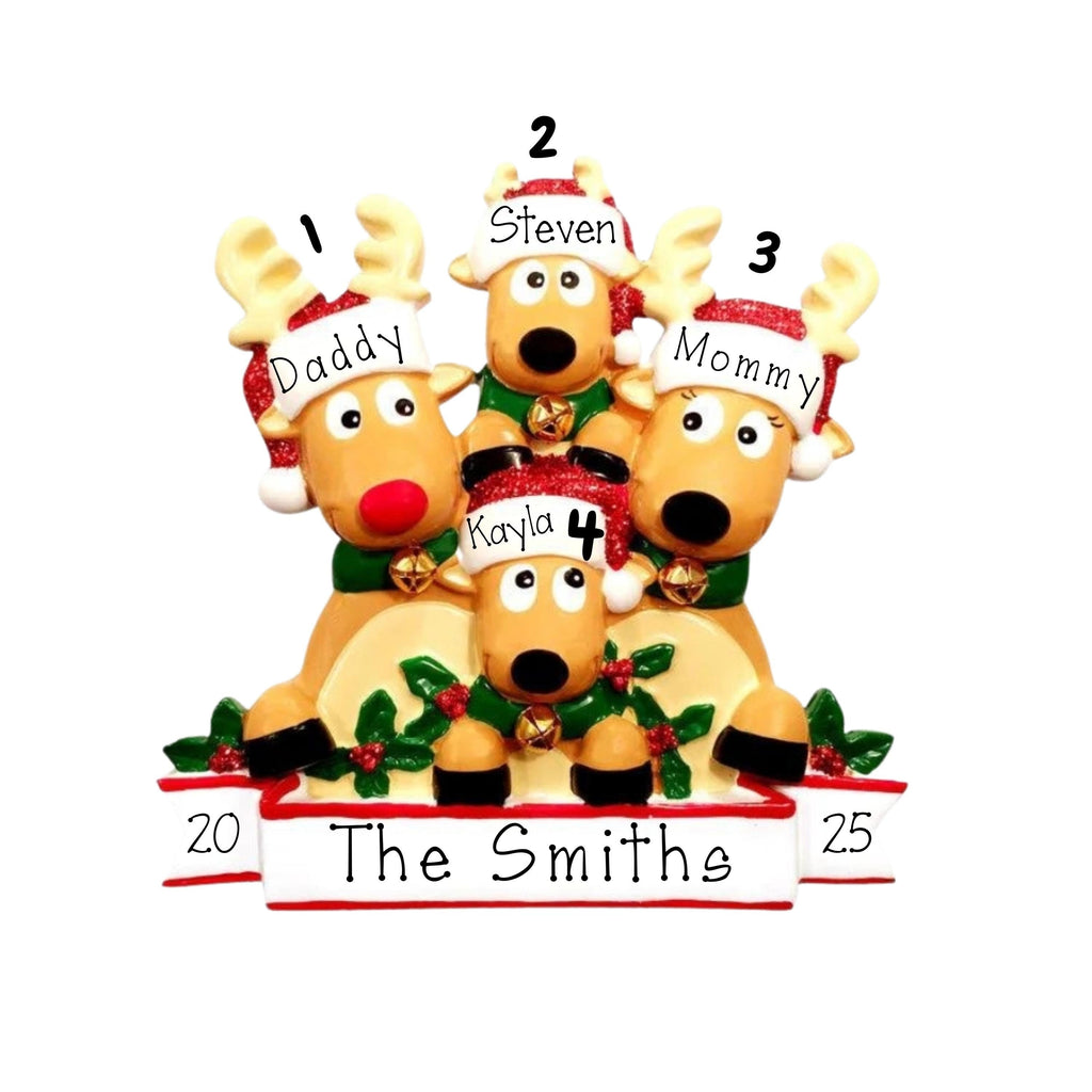 Family of 4 Personalized Reindeer Christmas Ornament ~ Custom Family Of Four Christmas Tree Ornament ~ Personalize Gifts
