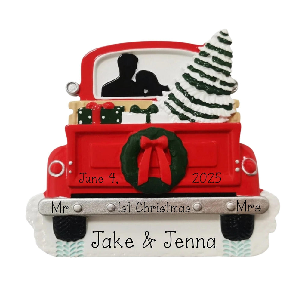 Personalized Newlyweds Red Truck Ornament ~ Silhouette Couple in Red Truck ~ First Fresh Cut Christmas ~ Our First Christmas Ornament