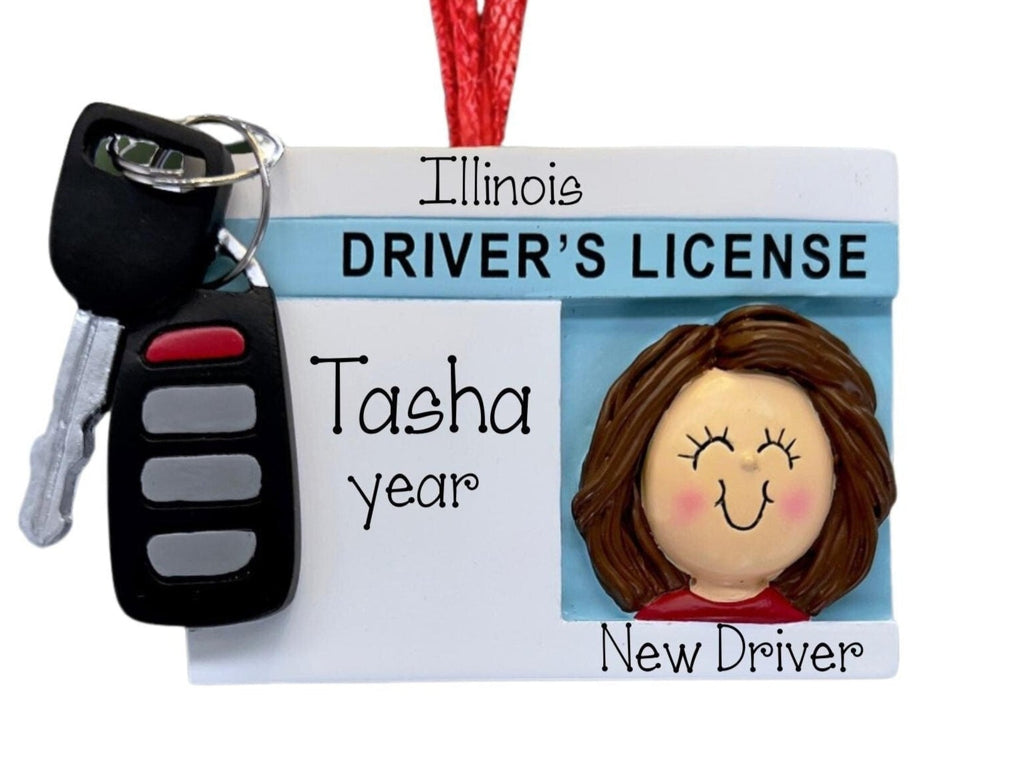 New Brunette Female Driver Personalized Christmas Ornament