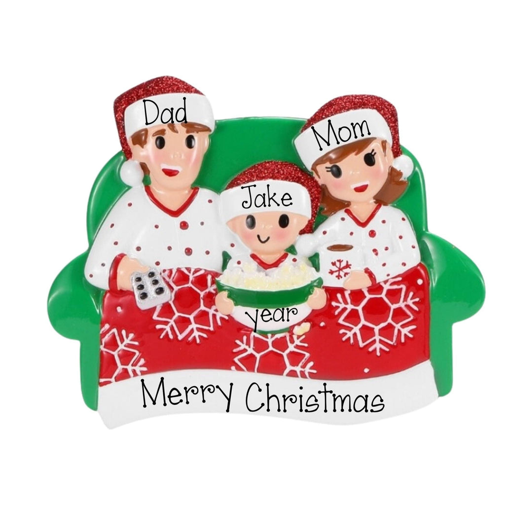 Family of 3 Movie Night Personalized Christmas Ornament ~ Family Of 3 Christmas Ornament ~ Family of 3 movie and Popcorn ~ Christmas Family