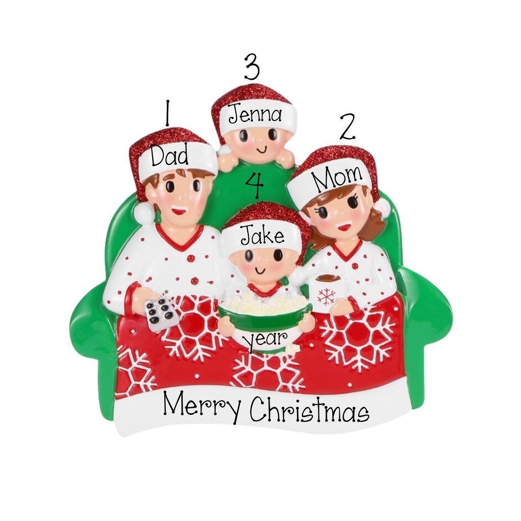 Family of 4 Movie Night Personalized Christmas Ornament ~ Family Of 4 Christmas Ornament ~ Family of 4 movie and Popcorn ~ Christmas Family