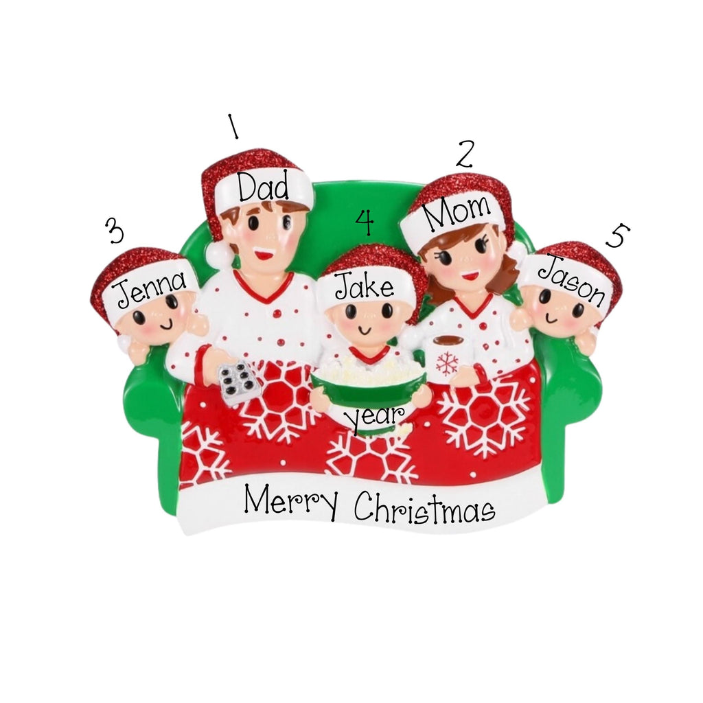 Family of 5 Movie Night Personalized Christmas Ornament ~ Family Of 5 Christmas Ornament ~ Family of 5 movie and Popcorn ~ Christmas Family