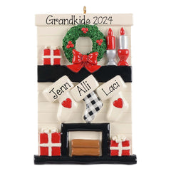 3 Grandkids Mantle Personalized Ornament ~ 3 stockings Hanging on the Fireplace Mantle for Grandchildren ~ Personalized Christmas Ornament)