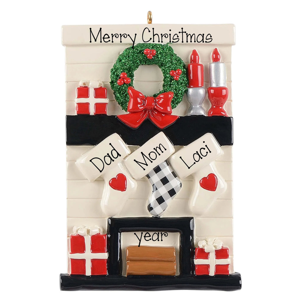 Personalized family of 3 Mantle Ornament~3 stockings on Mantle~Personalized Christmas Ornament~Hand Personalized Ornament~Fireplace Ornament