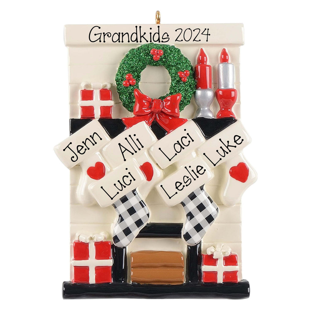 6 Grandkids Mantle Personalized Ornament ~ 6 stockings Hanging on the Fireplace Mantle for 6 Grandchildren ~ Personalized Christmas Ornament)