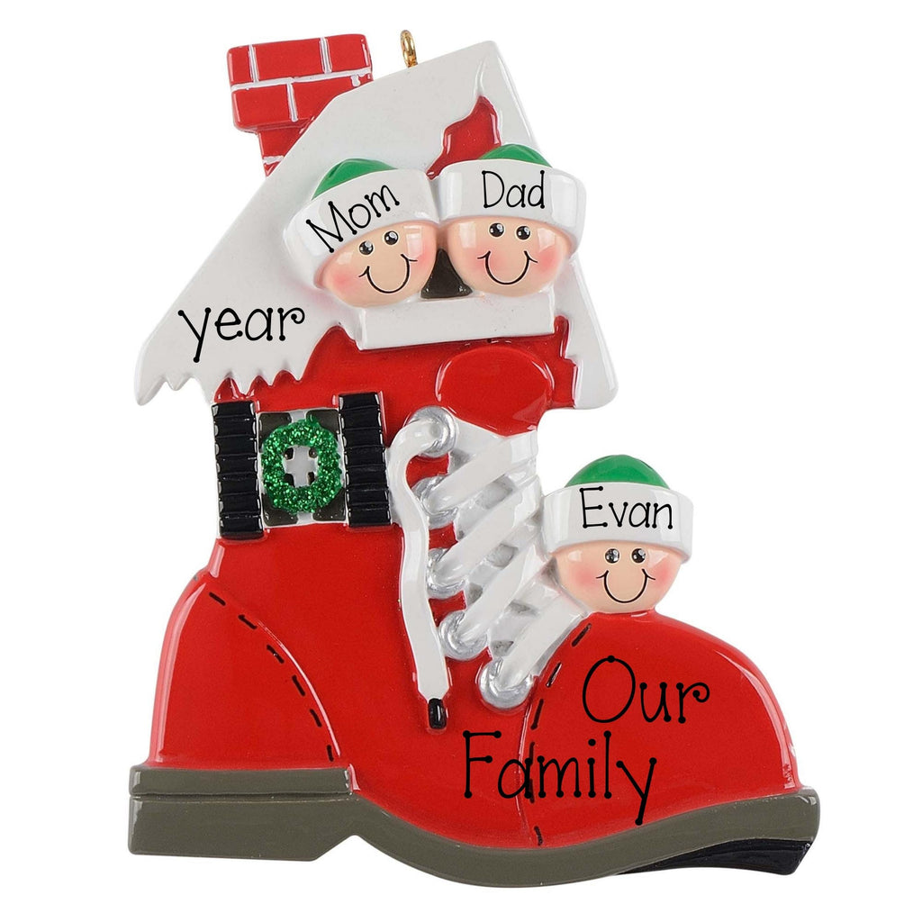 Family of 3 in a Red Shoe Personalized Christmas Ornament ~ Family of 3 in a Red Boot ~ Humorous Family Ornament ~ Single Parent Ornament