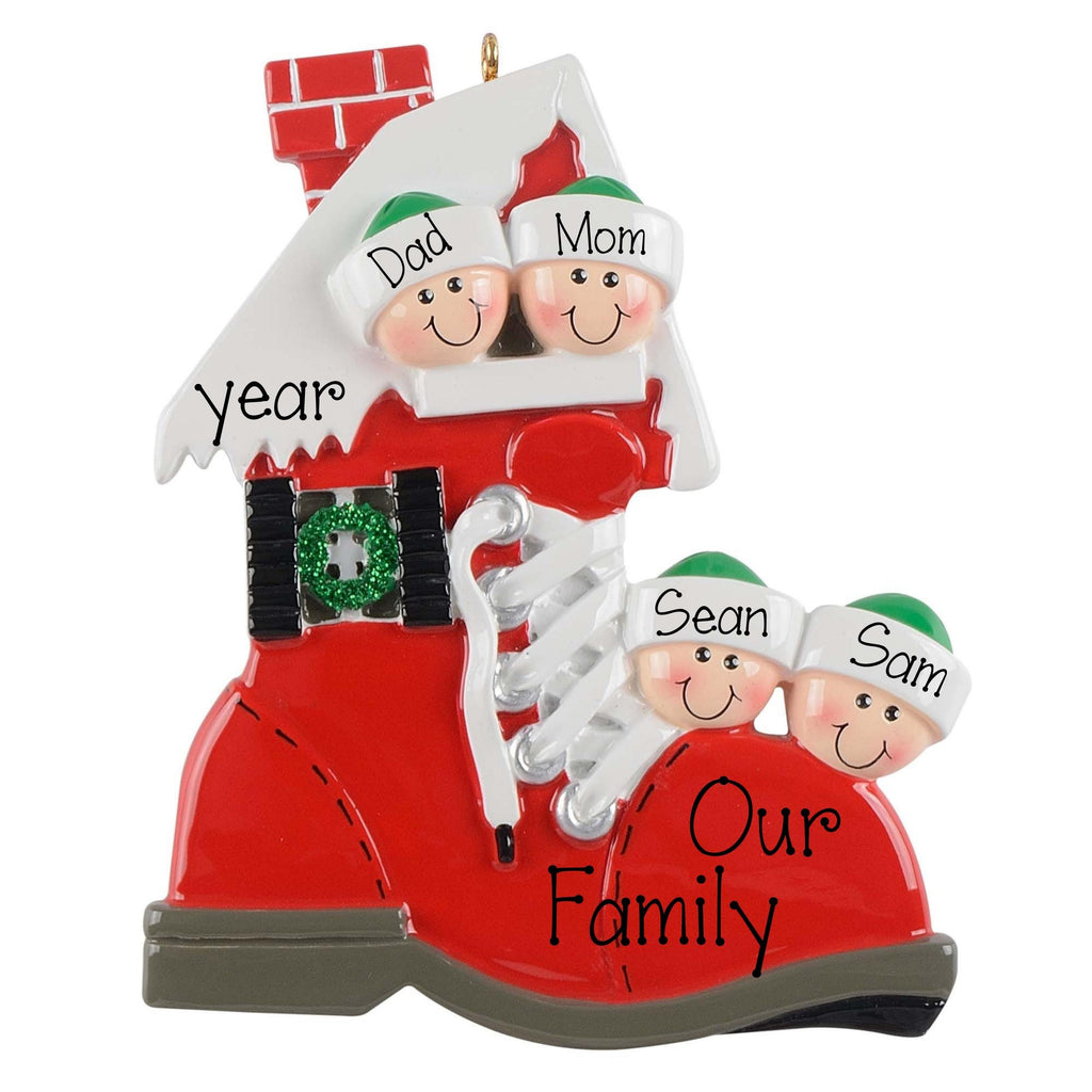 Family of 4 in a Red Shoe Personalized Christmas Ornament ~ Family of 4 in a Red Boot ~ Humorous Family Ornament ~ Single Parent Ornament