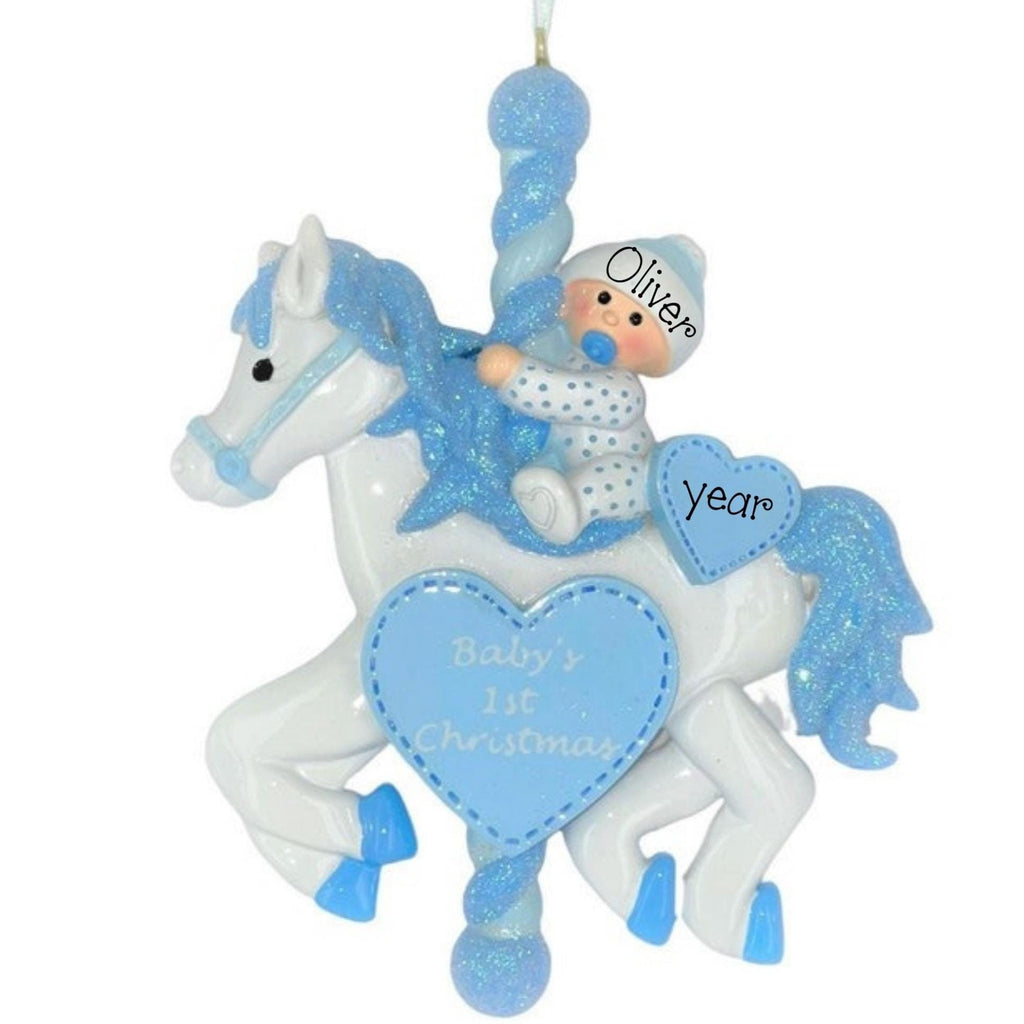 Personalized Baby's First Christmas Ornament ~ Carousel Baby Boy First Ornament ~ New Born Keepsake ~ Personalized Blue Carousel Baby Gift