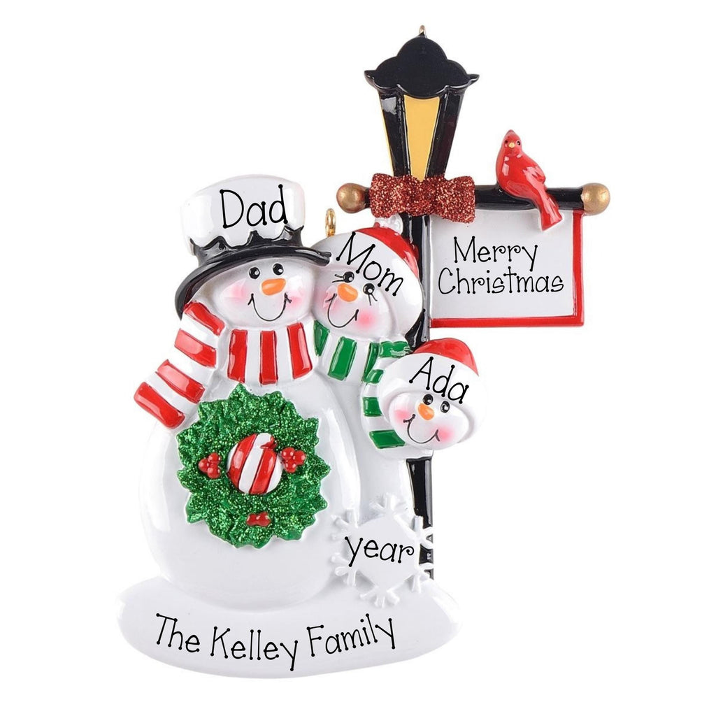 Family of 3 Lamppost Personalized Christmas Ornament ~ Family of 3 Snowman Ornament ~ Classic Snowman Christmas Ornament ~ Grandparents Gift