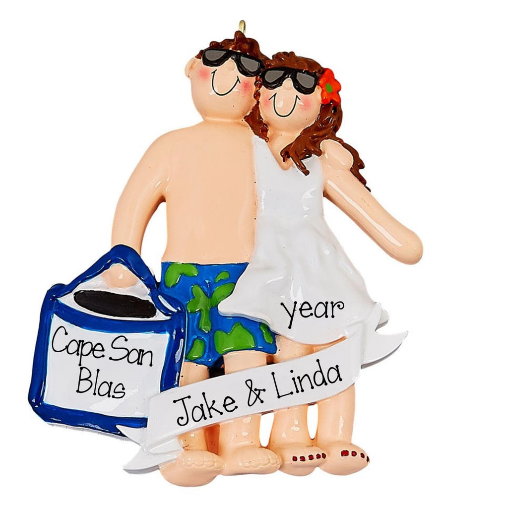 Personalized Beach Vacation Ornament ~ Tropical Vacation Couple at Beach ~ Beach Vacation for two Christmas Ornament