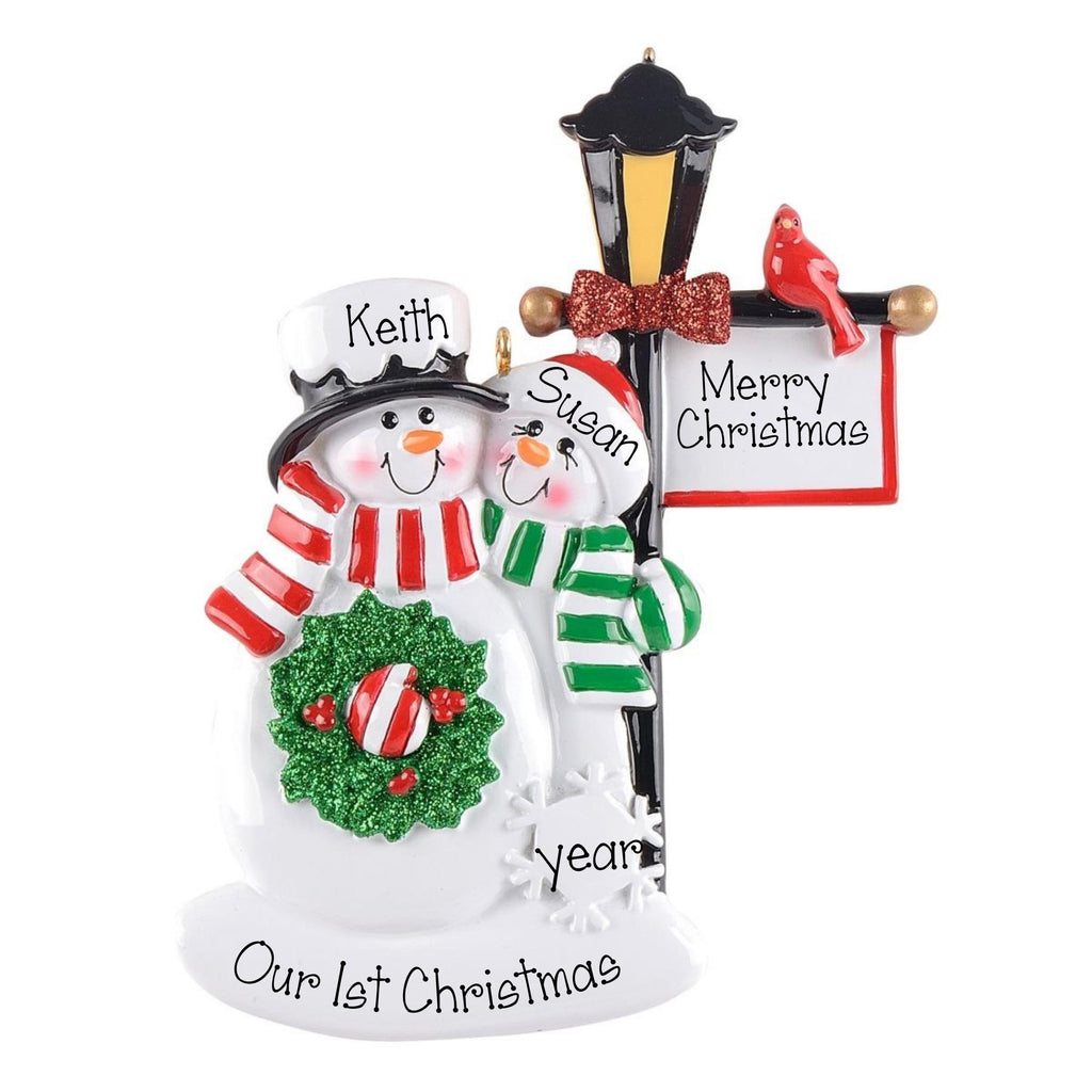 Personalized SNOWMAN COUPLE  Lamppost Ornament ~ Christmas Ornaments ~ Our First Christmas Ornament ~ Hand Personalized Ornament