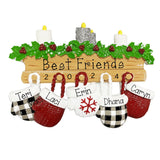 Five Friends Mitten Personalized Christmas Ornament ~ Best Friends Ornament ~ 5 Mittens hanging from a Mantel Ornament