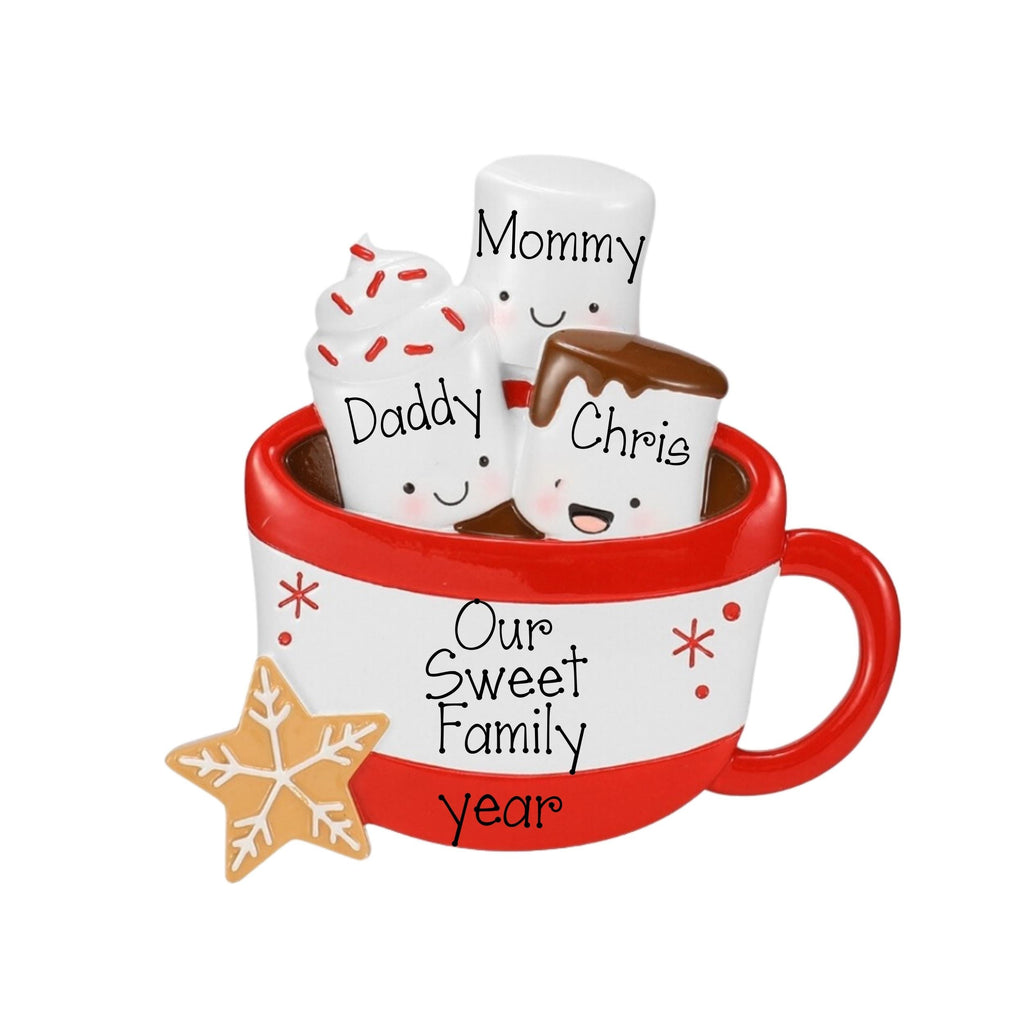 Family of 3 Personalized Marshmallow Christmas Ornament ~ Family of 3 Hot Chocolate Mug  ~ 3 Grandkids ~ 3 Friends ~ Single Parent Ornament