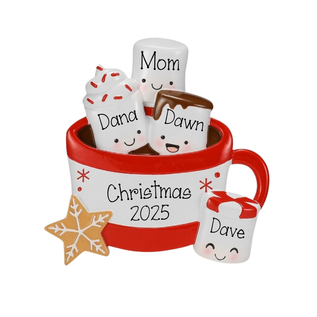 Personalized Family of 4 Hot Chocolate Christmas Ornament ~ Mug Marshmallows Family Of 4 Ornament ~ 4 Grandkids ~ 4 Friends ~ Single Parent