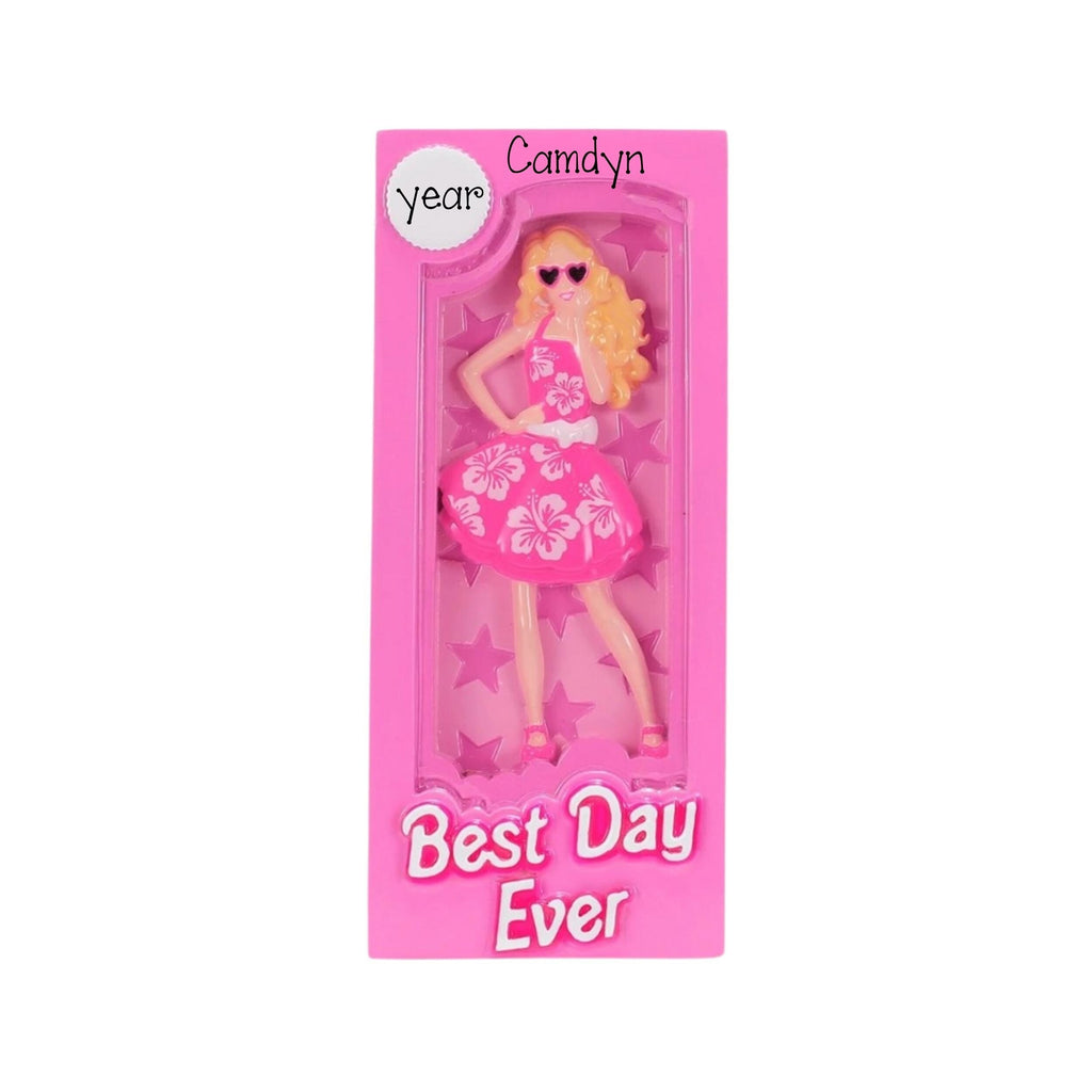 Pink Barbie Doll Box Personalized Christmas Ornament ~ Best Day Ever Doll in a Box
