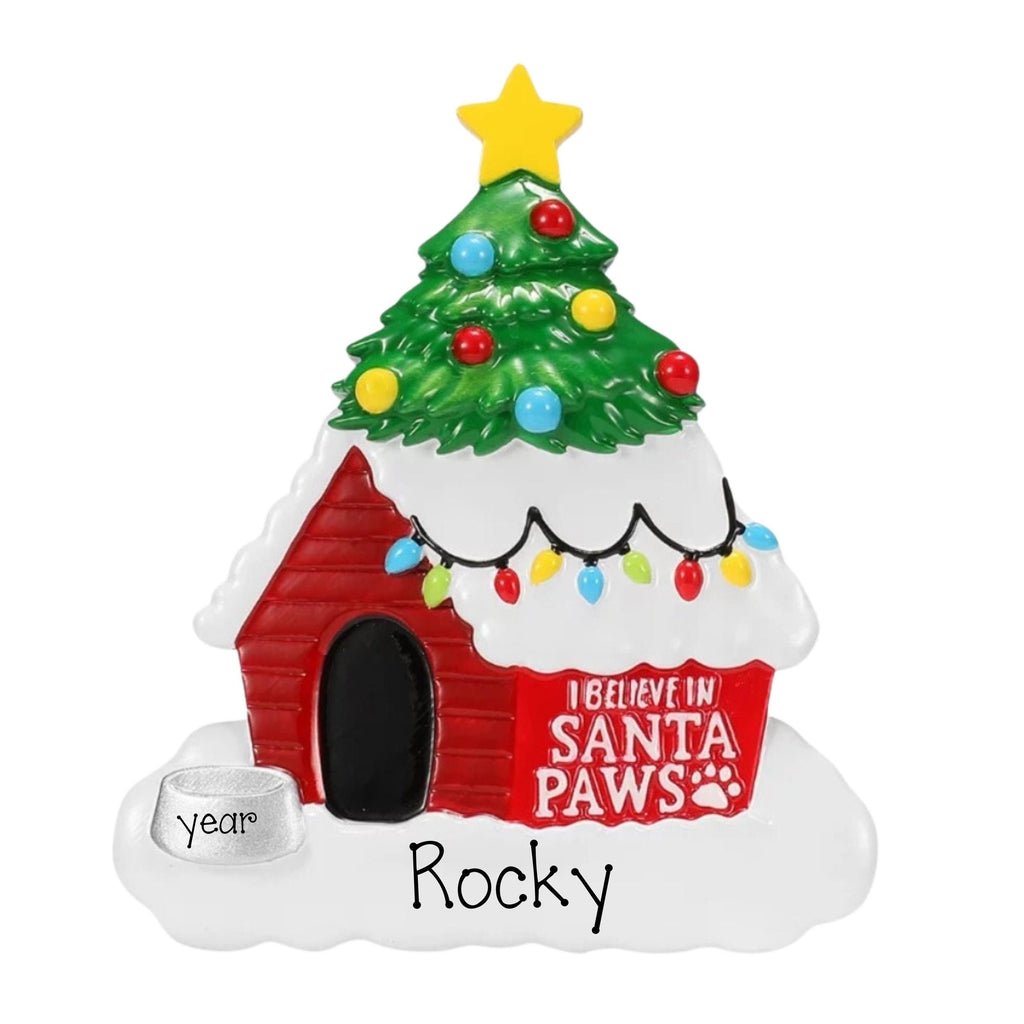 Personalized Dog House Ornament~Red Dog House with Christmas Tree Ornament~Custom Dog Ornament ~ Dog House Ornament With Name ~ Santa Paws