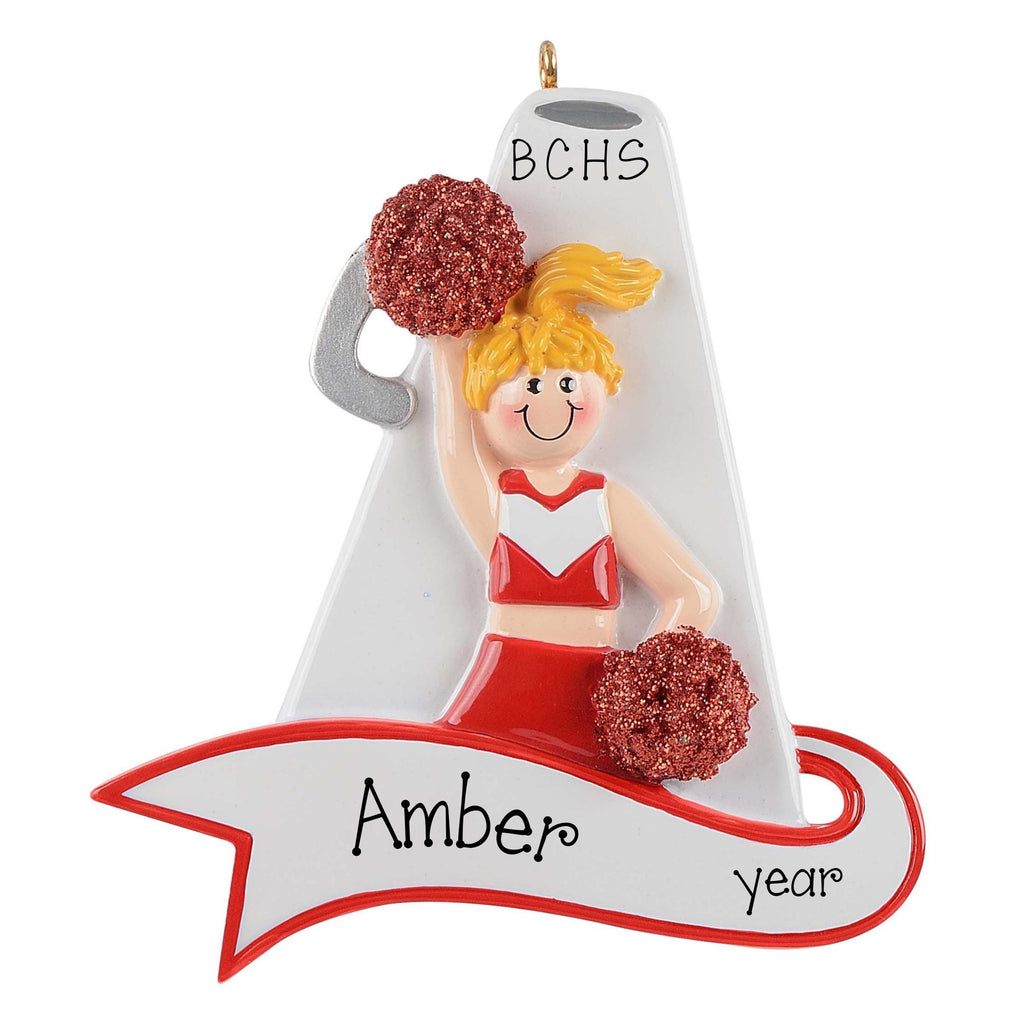 Personalized Cheerleader Ornament ~ Custom Cheerleader Megaphone Christmas Ornament ~ Cheer Gift ~ Blonde Female in Red Cheer Uniform