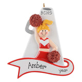 Personalized Cheerleader Ornament ~ Custom Cheerleader Megaphone Christmas Ornament ~ Cheer Gift ~ Blonde Female in Red Cheer Uniform