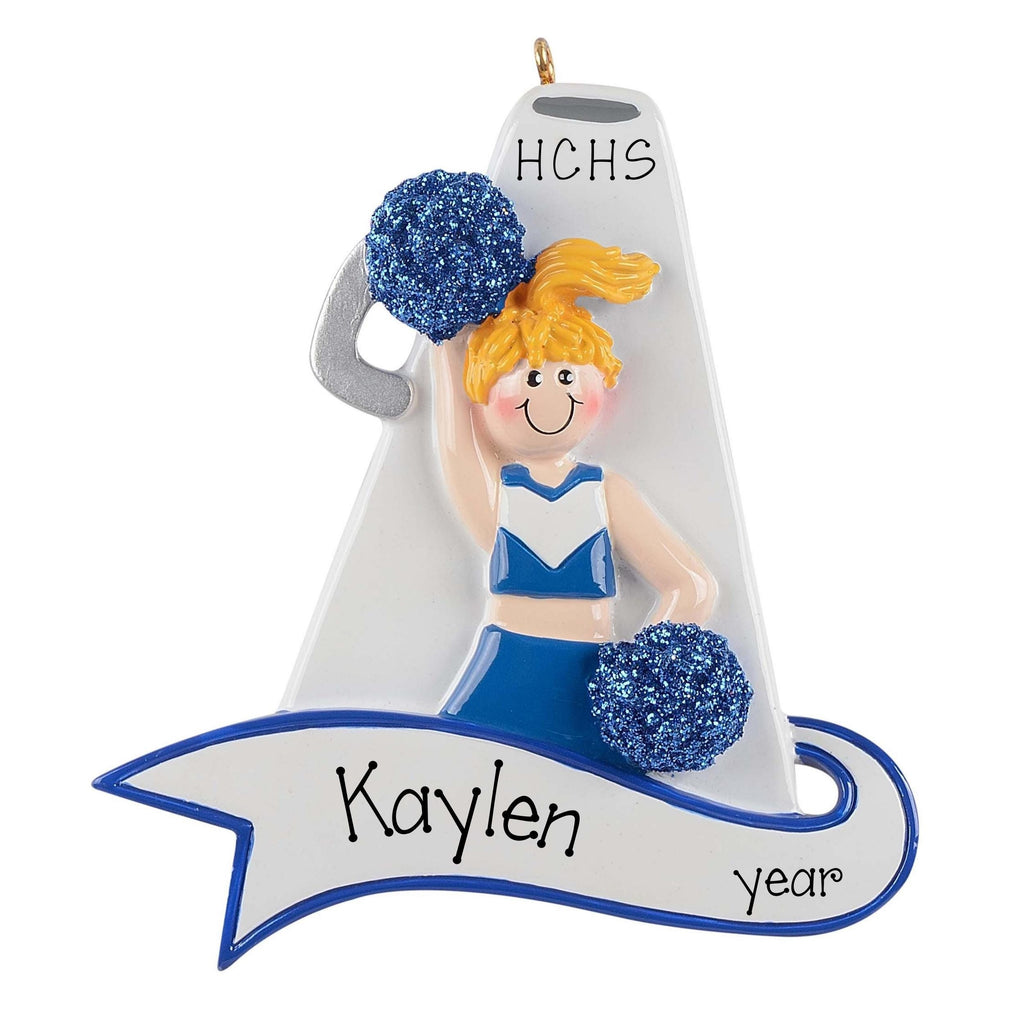 Personalized Cheerleader Ornament ~ Custom Cheerleader Megaphone Christmas Ornament ~ Cheer Gift ~ Blonde Female in Blue Cheer Uniform