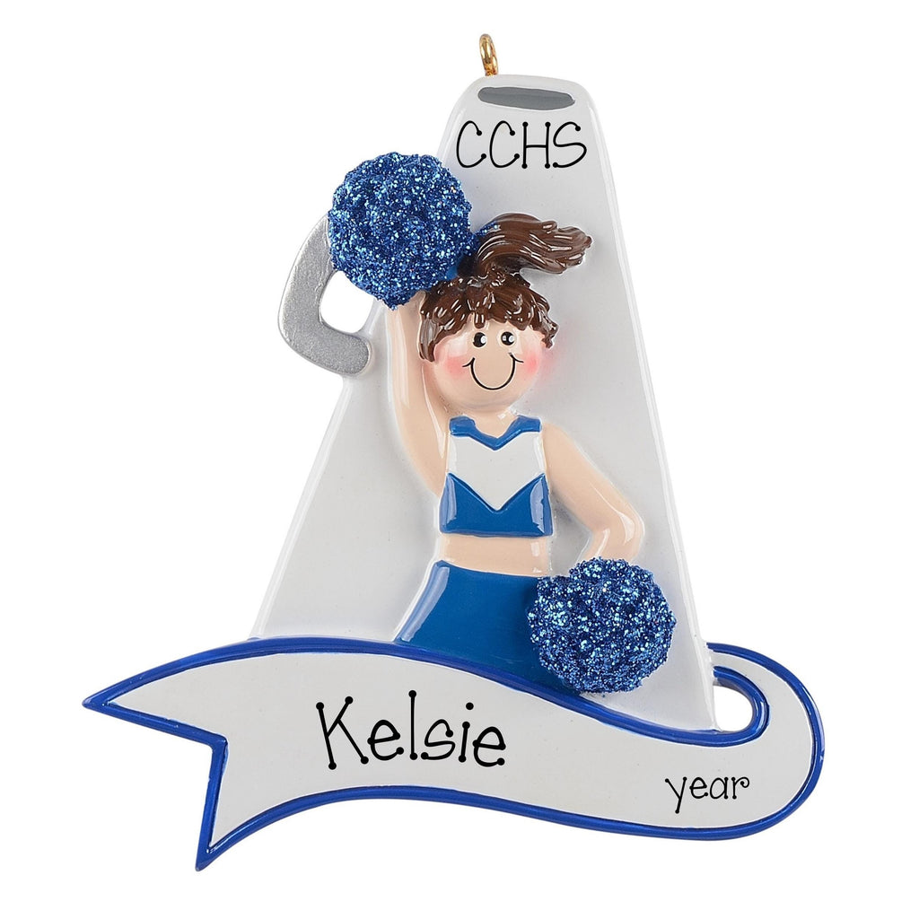 Personalized Cheerleader Ornament ~ Custom Cheerleader Megaphone Christmas Ornament ~ Cheer Gift ~ Brunette Female in Blue Cheer Uniform