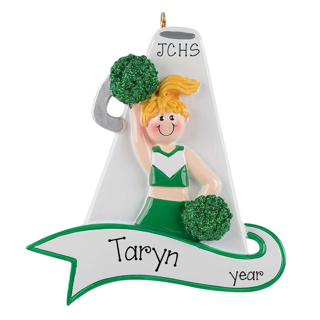 Personalized Cheerleader Ornament ~ Custom Cheerleader Megaphone Christmas Ornament ~ Cheer Gift ~ Blonde Female in Green Cheer Uniform