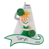 Personalized Cheerleader Ornament ~ Custom Cheerleader Megaphone Christmas Ornament ~ Cheer Gift ~ Blonde Female in Green Cheer Uniform